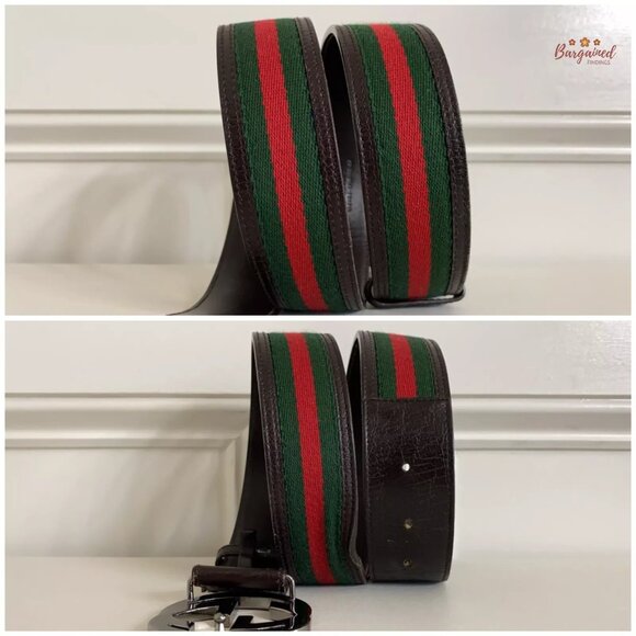 Authentic Gucci Web Green/Red Canvas Silver Interlocking G Buckle Belt 85/34 - Picture 8 of 12
